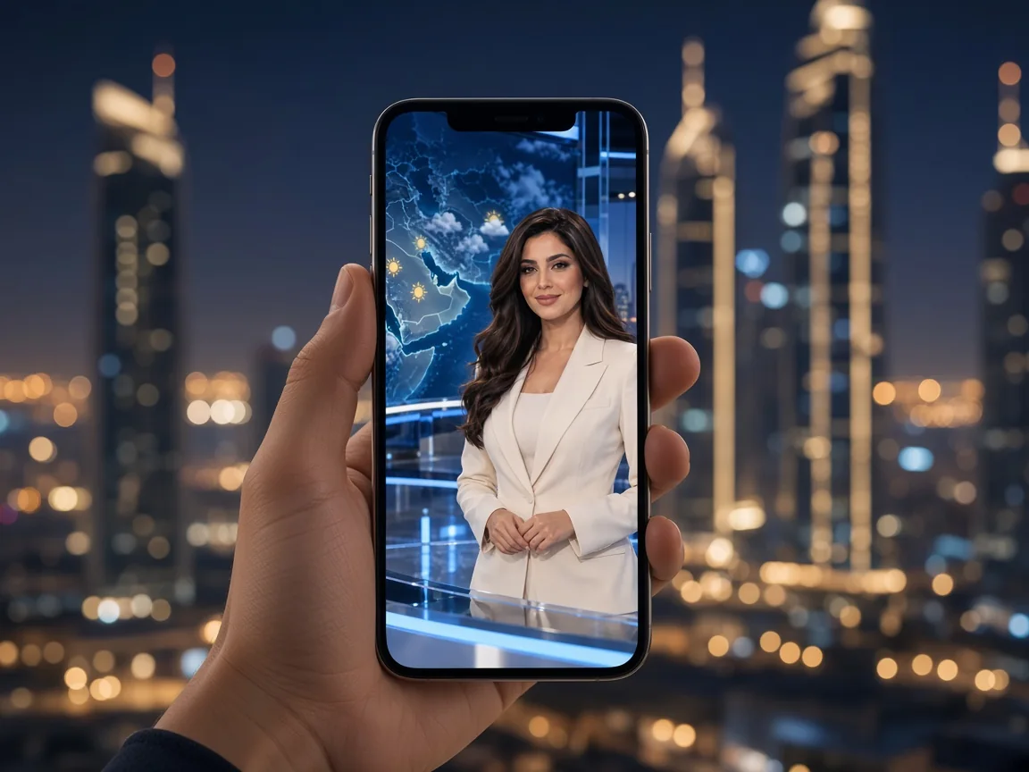 يد تحمل هاتفًا يعرض فيديو طقس عموديًا فوق أفق مدينة ليلًا