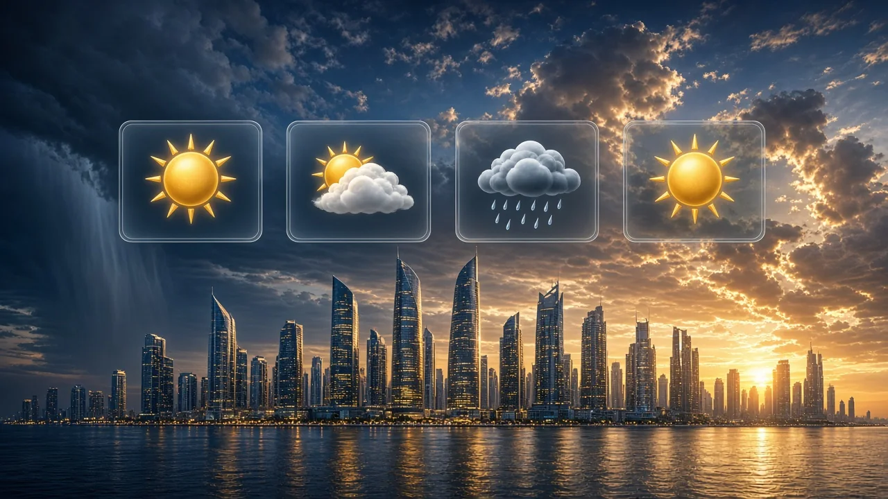 أيقونات توقعات فوق أفق مدينة خليجية عند الغروب